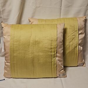 Pair of toss pillows, soft green and tan by Edie inc. 18 x 18